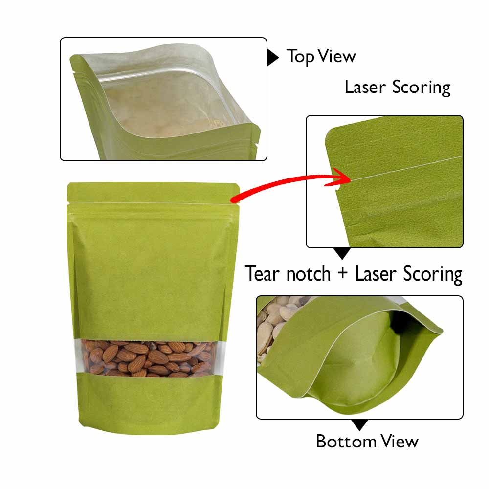 Green Paper Stand Up Pouches With Rectangle Window