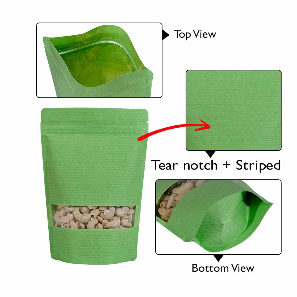 Green Striped Paper Stand Up Pouches With Rectangle Window