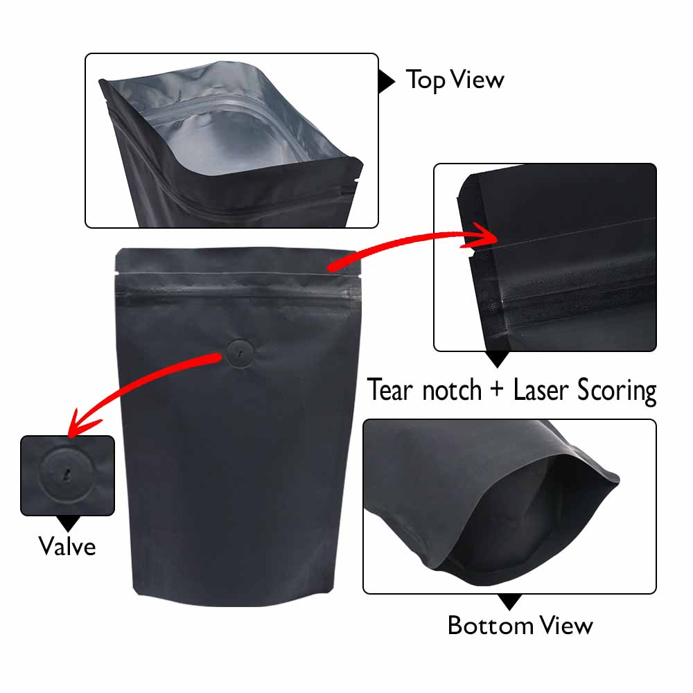 Matt Black Stand Up Pouch with Zipper & Valve for Coffee Packaging