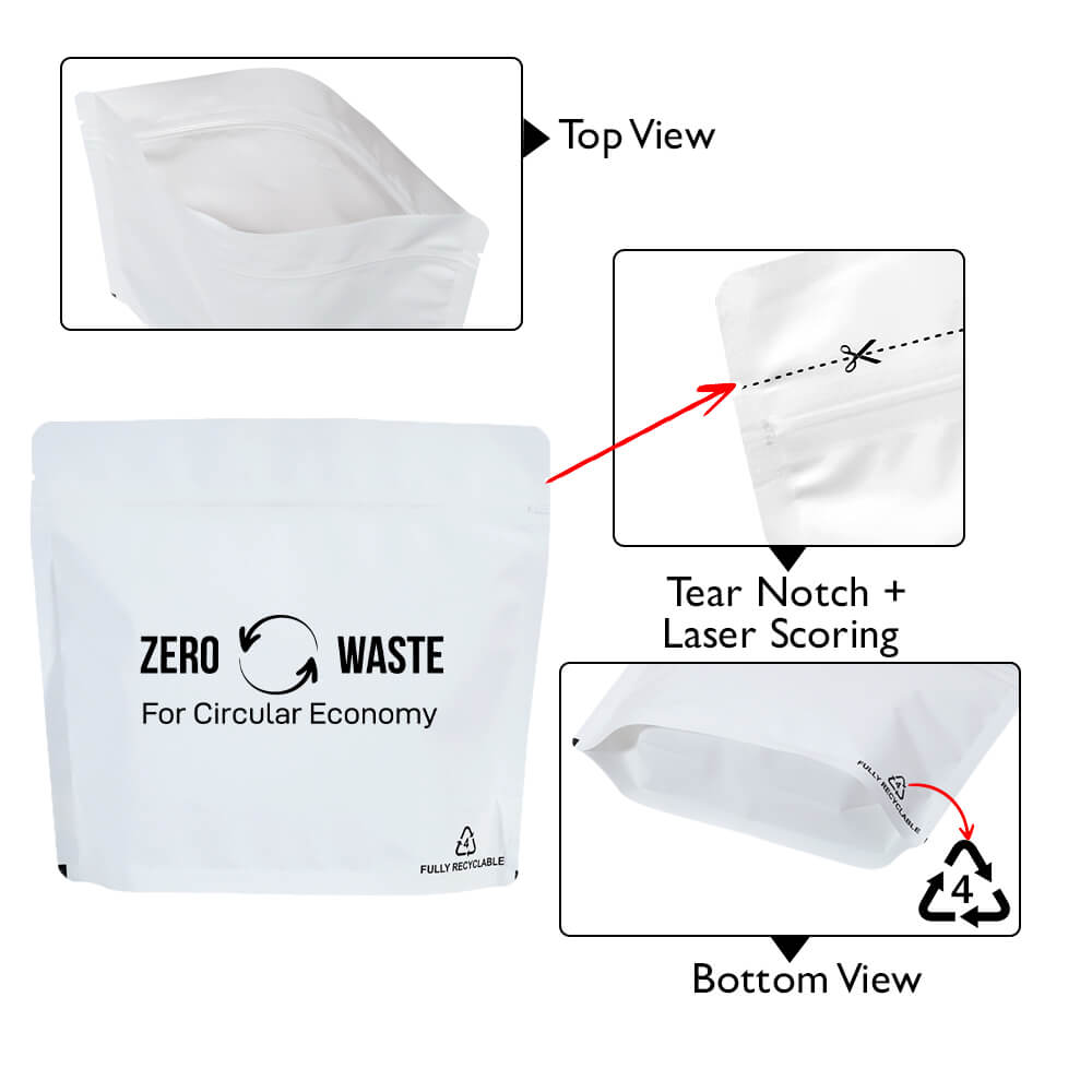 Matt White Recyclable Stand Up Pouches Wider Width Size