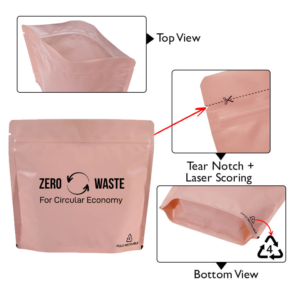 Pale Peach Recyclable Stand Up Pouches Wider Width Size