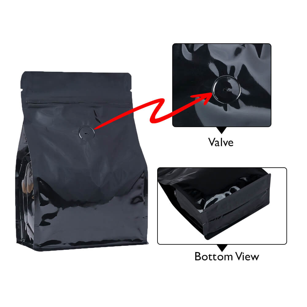 Shiny Black Flat Bottom Pouches With Normal Zipper & Valve