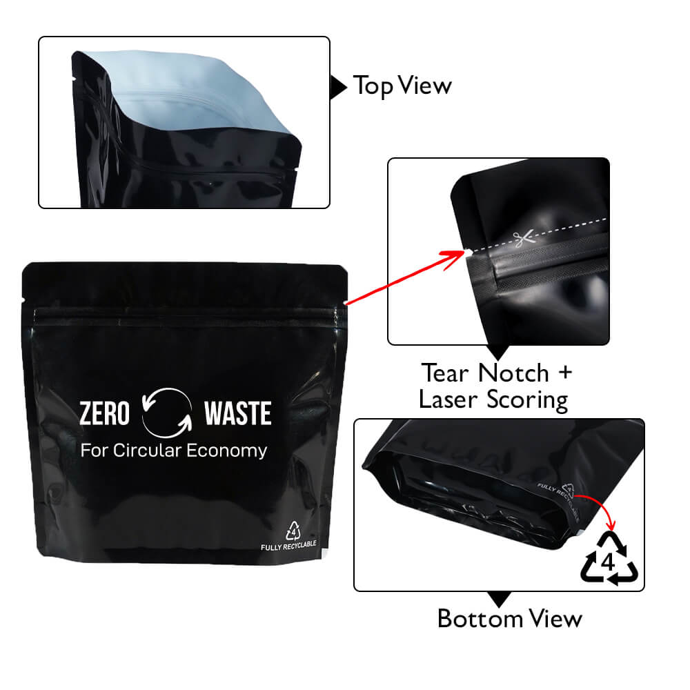 Shiny Black Recyclable Stand Up Pouches Wider Width Size