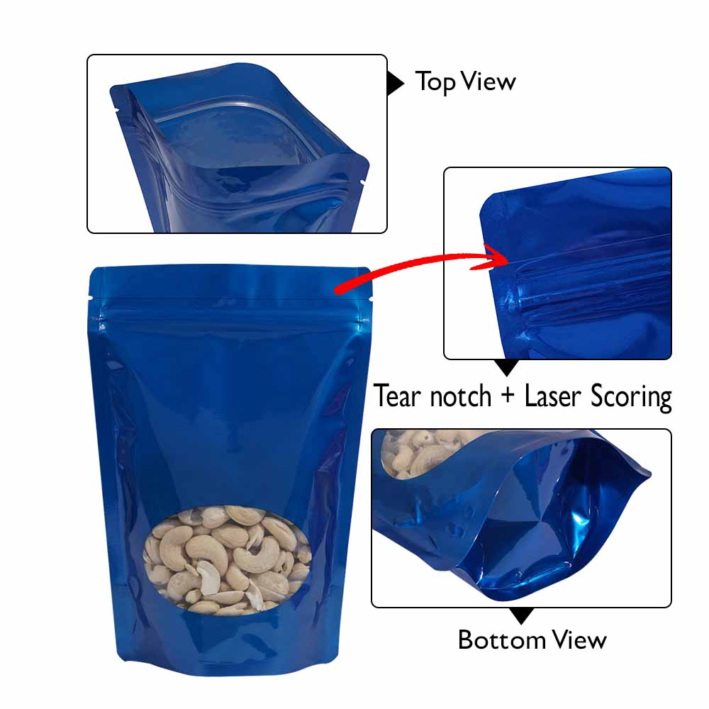 Shiny Blue Stand Up Pouches With Oval Window
