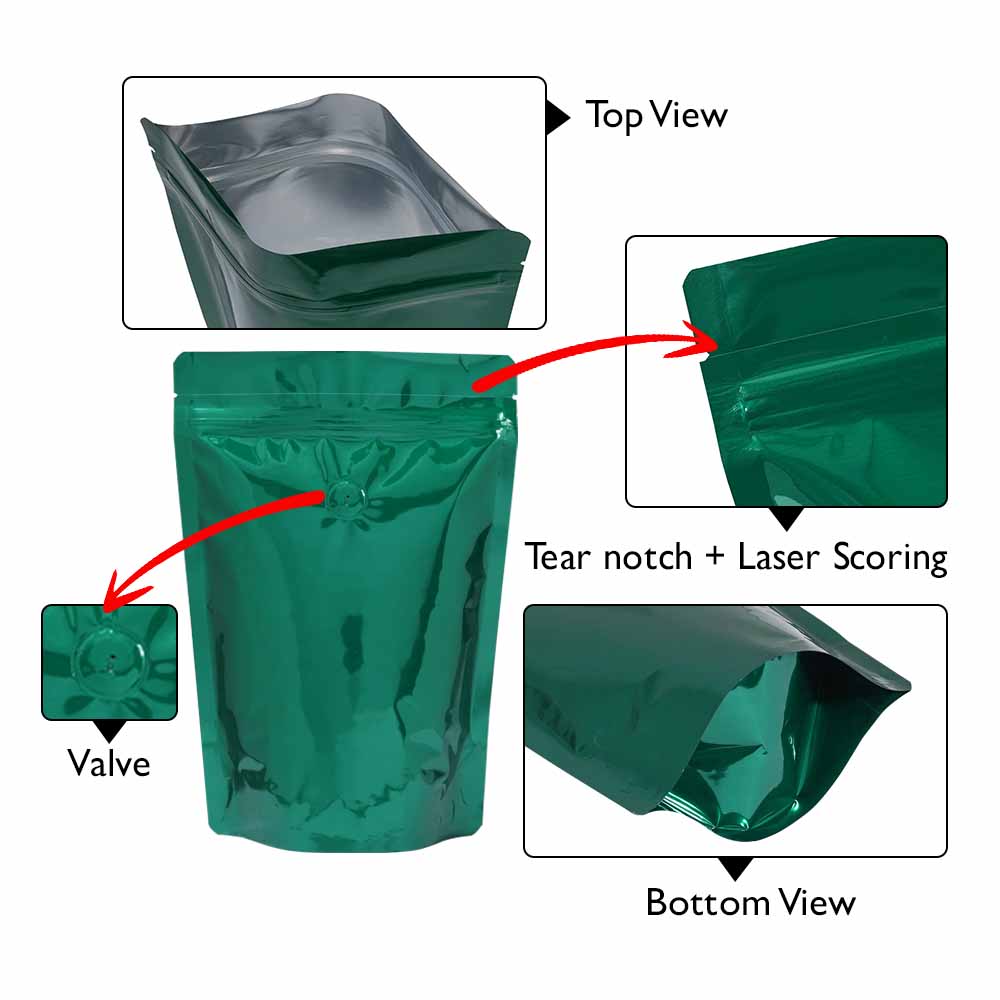 Shiny Green Stand Up Pouch with Zipper & Valve for Coffee Packaging
