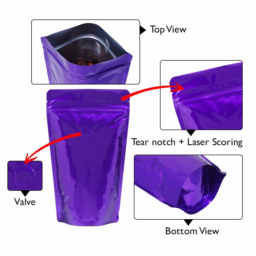 Shiny Purple Stand Up Pouch with Zipper & Valve