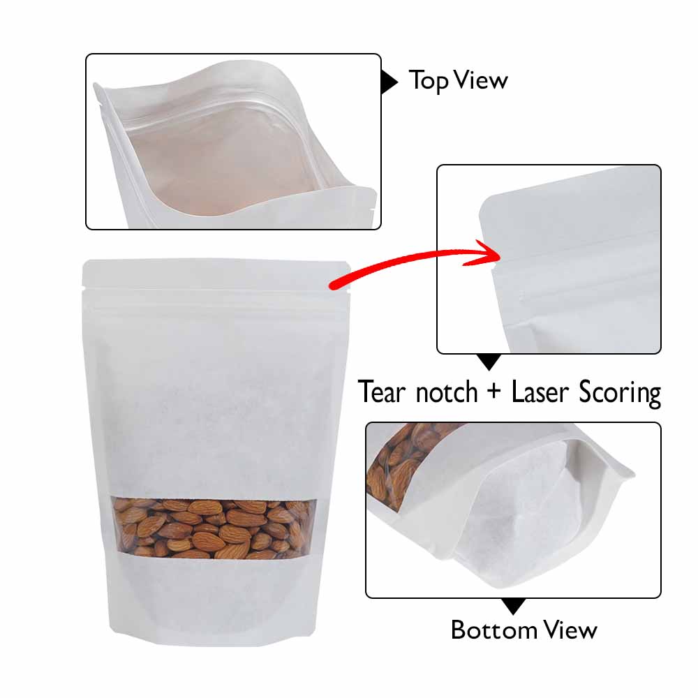 White Paper Stand Up Pouches With Rectangle Window